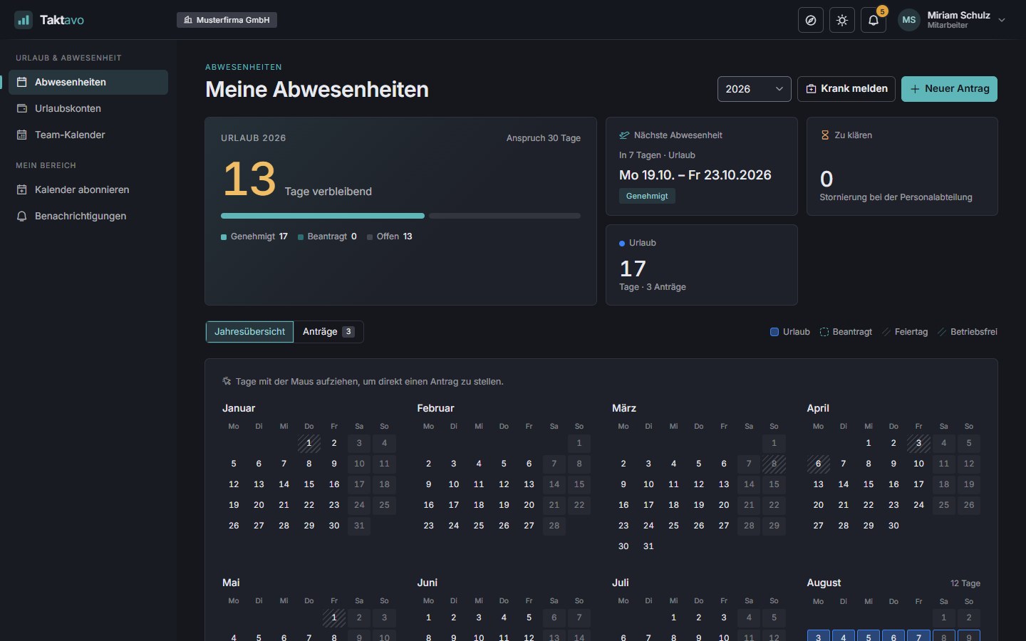 Taktavo: Meine Abwesenheiten mit Resturlaub, nächster Abwesenheit und Jahreskalender