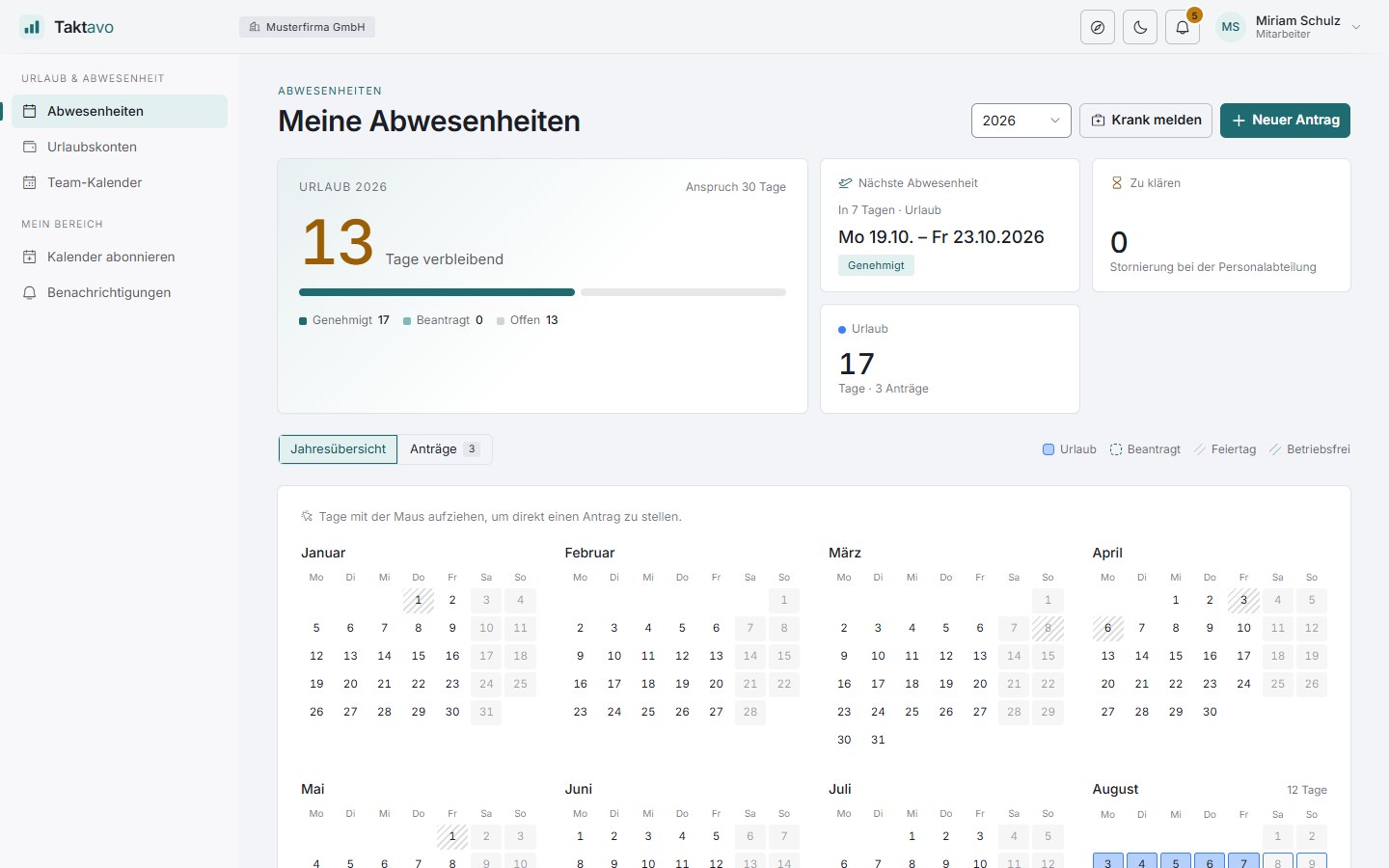Taktavo: Meine Abwesenheiten mit Resturlaub, nächster Abwesenheit und Jahreskalender