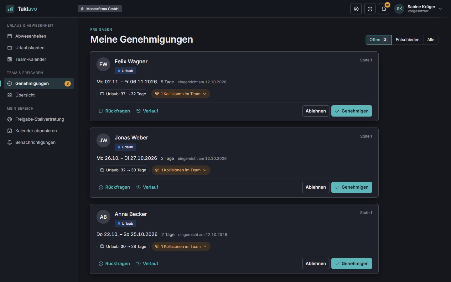 Taktavo: Genehmigungs-Inbox mit offenen Urlaubsanträgen des Teams