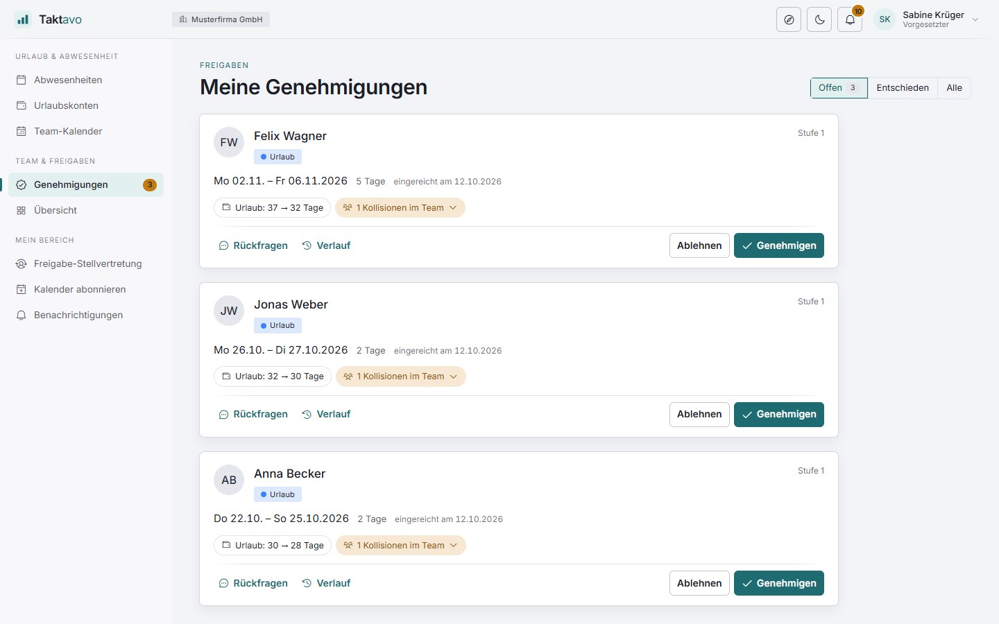 Taktavo: Genehmigungs-Inbox mit offenen Urlaubsanträgen des Teams