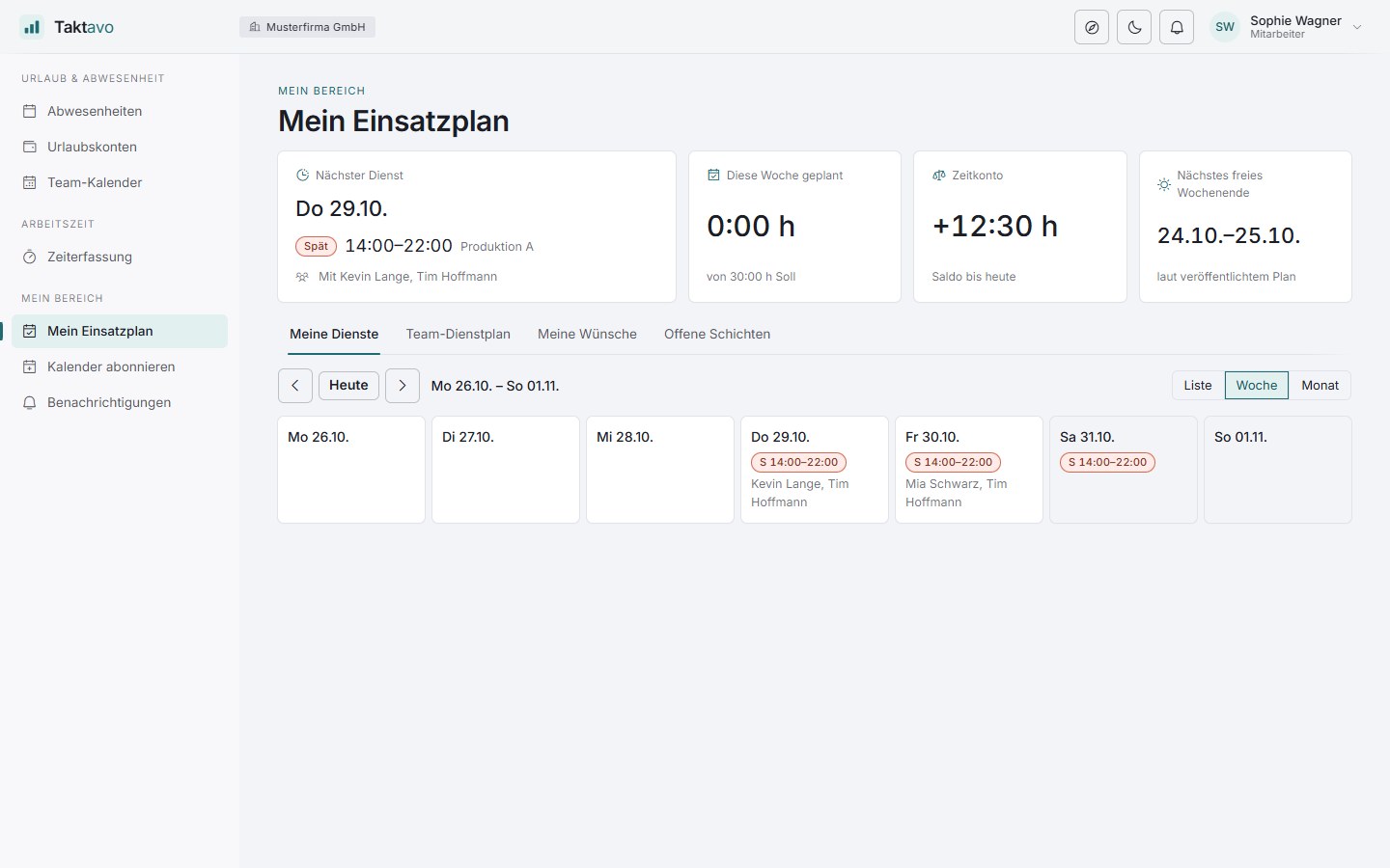 Mein Einsatzplan mit nächstem Dienst und Wochenansicht