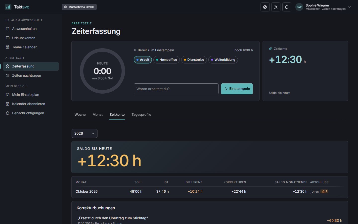 Zeitkonto mit Saldo, Monaten und Korrekturbuchungen