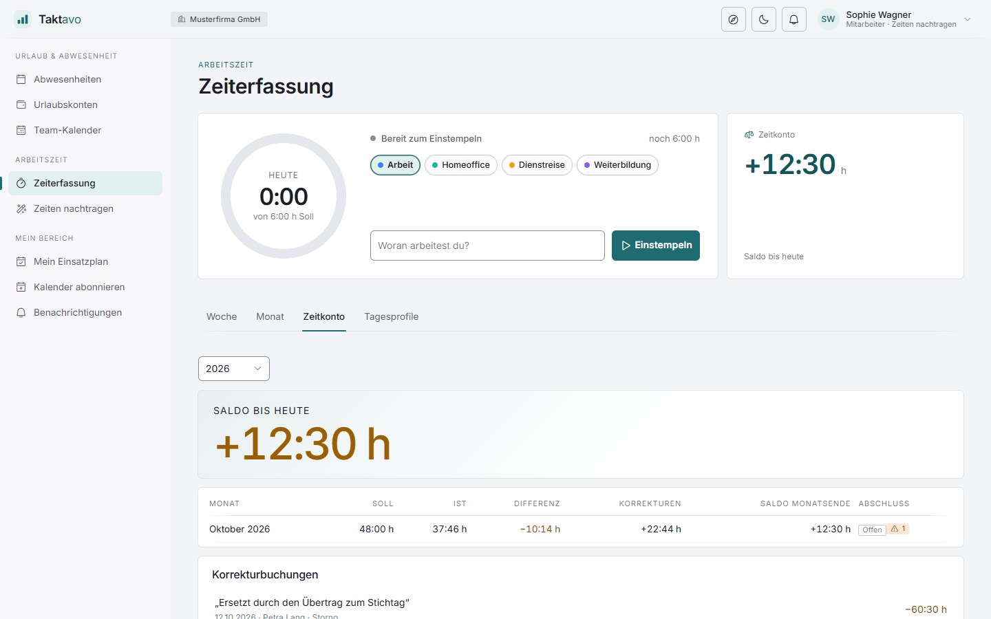 Zeitkonto mit Saldo, Monaten und Korrekturbuchungen