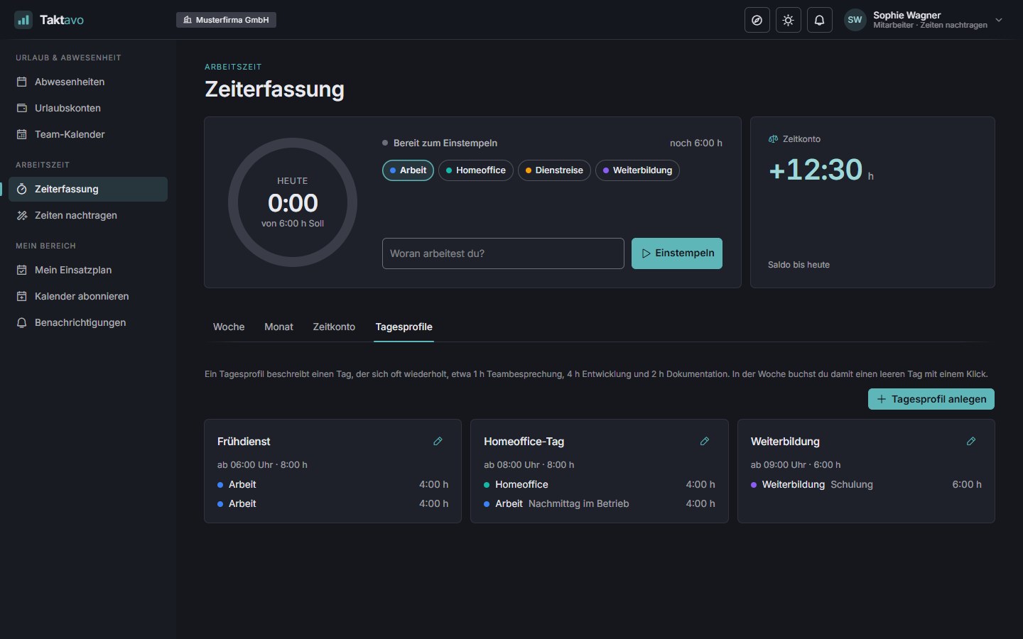 Tagesprofile mit Kategorien und Dauer