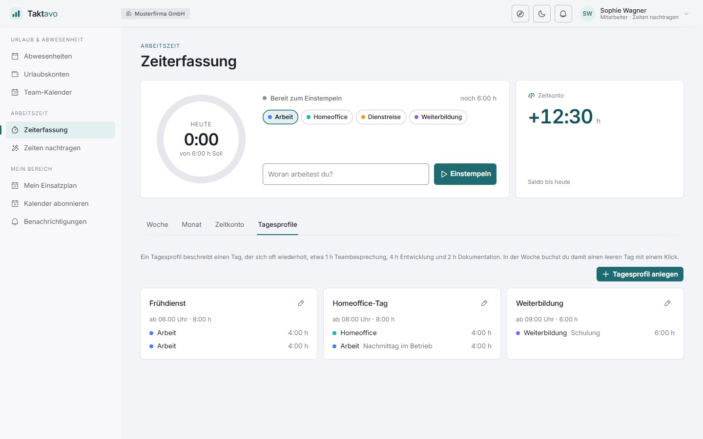 Tagesprofile mit Kategorien und Dauer